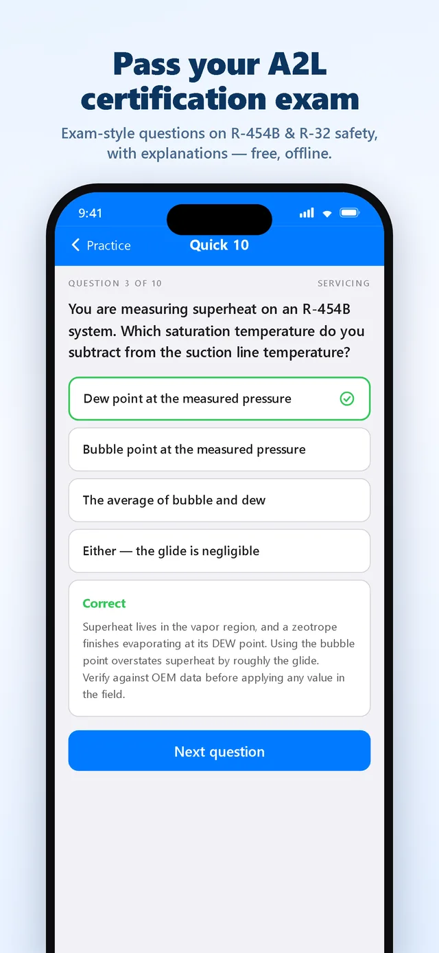 A2L Certification Test Prep practice question about R-454B dew point with the correct answer highlighted and an explanation