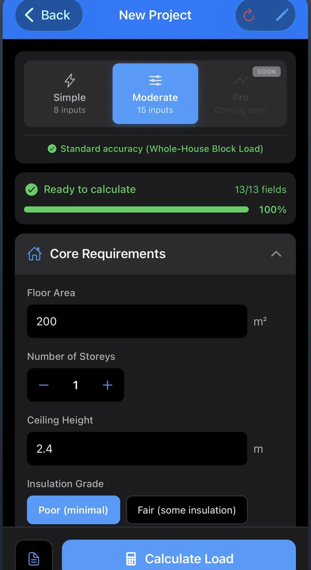 New project screen with the Simple, Moderate, and Pro mode selector, 13 of 13 fields ready, and floor area entered in square metres