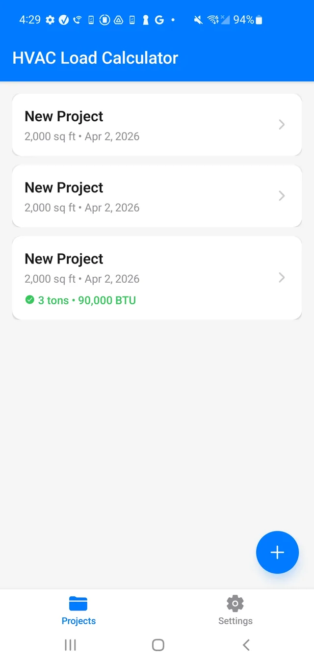 Projects list with a completed calculation showing 3 tons and 90,000 BTU