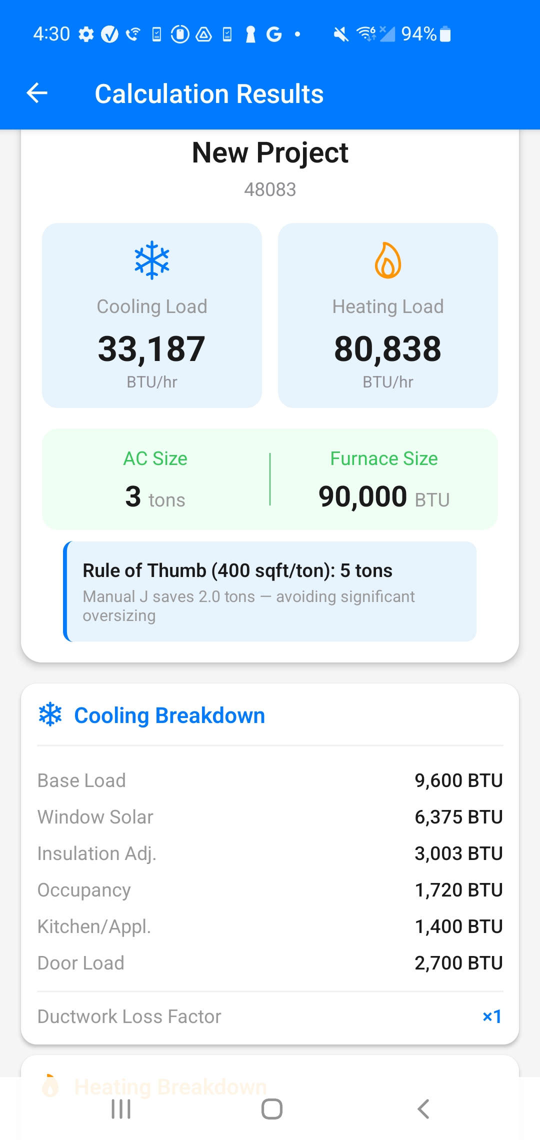 Results screen showing cooling and heating loads, recommended AC and furnace sizes, and a rule-of-thumb comparison