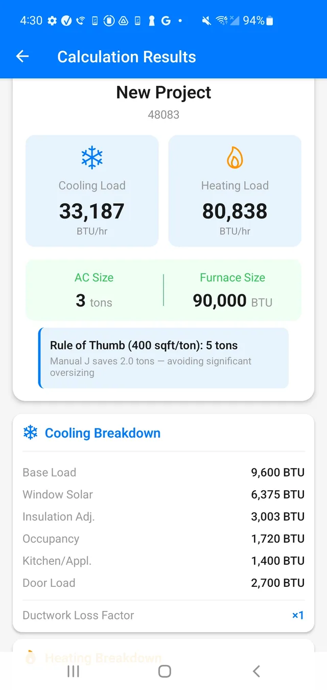 Results screen showing cooling and heating loads, recommended AC and furnace sizes, and a rule-of-thumb comparison